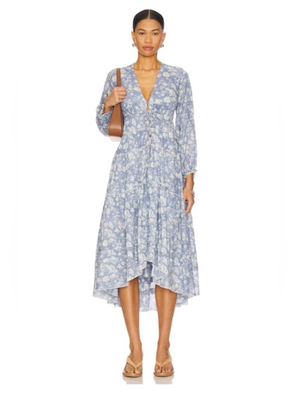 Free People Pappiet Floral Deep V-Neck Midi Dress in Bluebell Combo, XS